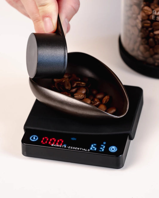  Koffie weegschaal met timer mini met coffee dosing tray en koffie bewaarbus