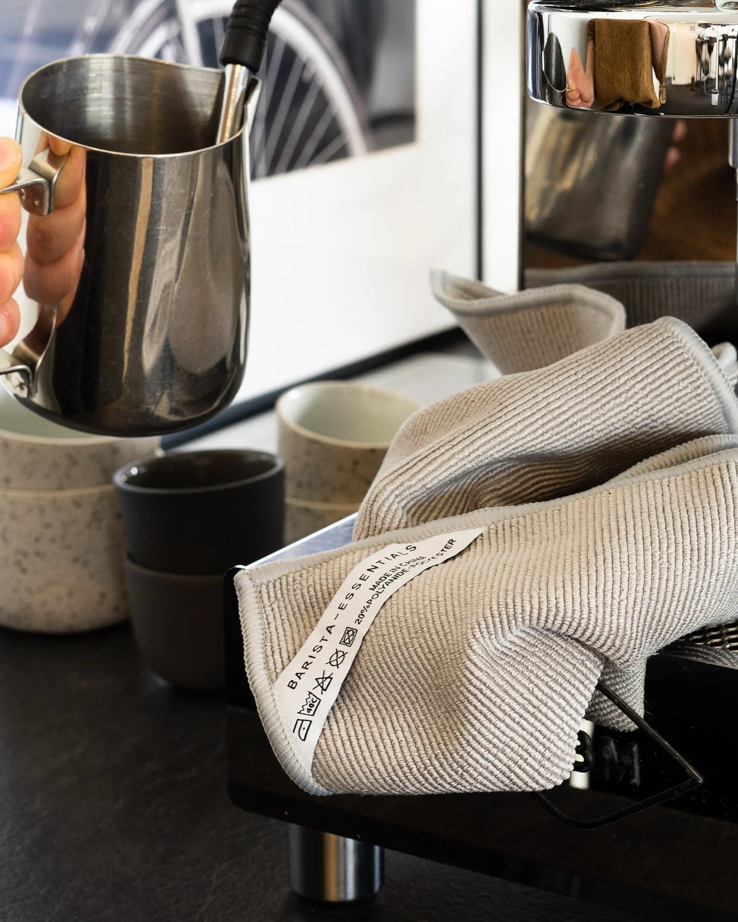 Grijs barista doekje voor het schoonmaken van je melkstoompijpje