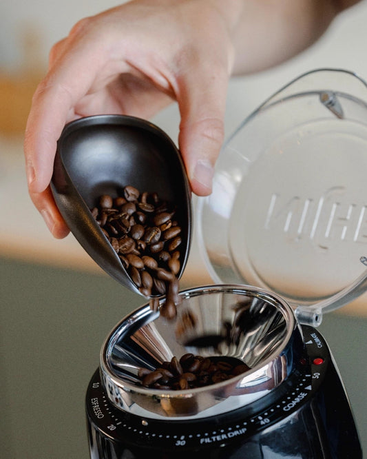 Coffee dosing tray used to pour coffee beans into Niche bean grinder